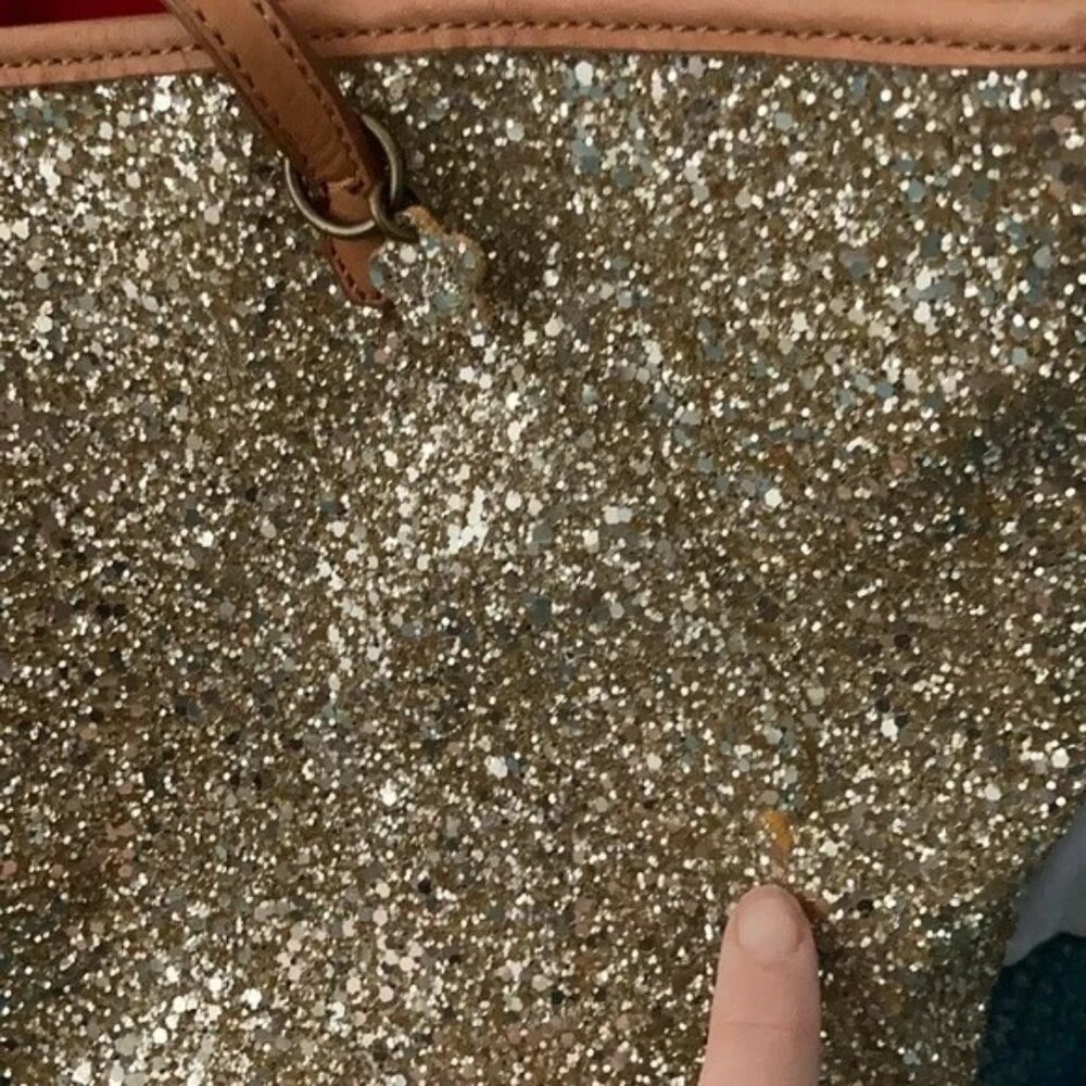 Gold Glitter Tote Bag With Faux Leather Straps 15" Width Spacious Interior Styli - Picture 6 of 8